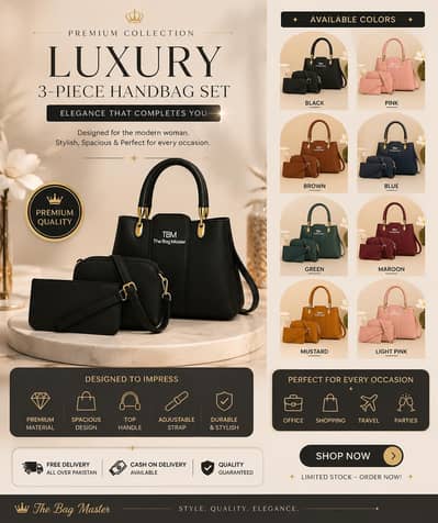 Premium 3 Pcs Women's Handbag Set | Shoulder Bag, Crossbody & Wallet