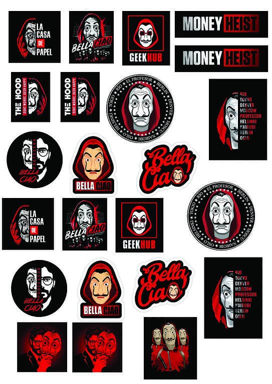 Money Heist Themed Stickers Set for Laptop, Mobile, Water Bottle, Guitar, Fridge