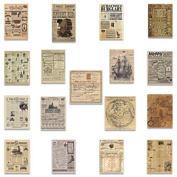 Yellowed Vintage Parchment Newspaper Stickers – 30-Piece DIY Decal Set for Diary, Suitcase, Scrapbook, Phone, Laptop, and Bike