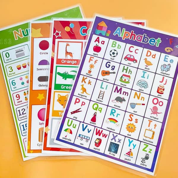 English ABC Words Learning Posters Set, 4 A4 Flashcards for Toddlers and Beginners