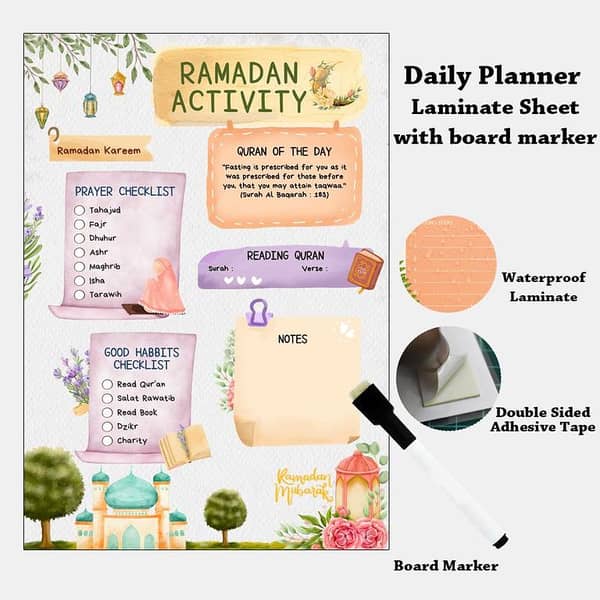 Daily Planner Ramadan A4 Size: Laminate with Board Marker for Daily Scheduling
