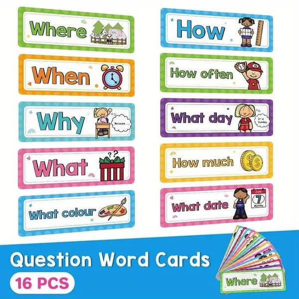 Educational Flashcards – 16-Piece English Grammar Question Words (Paper) for Kindergarten
