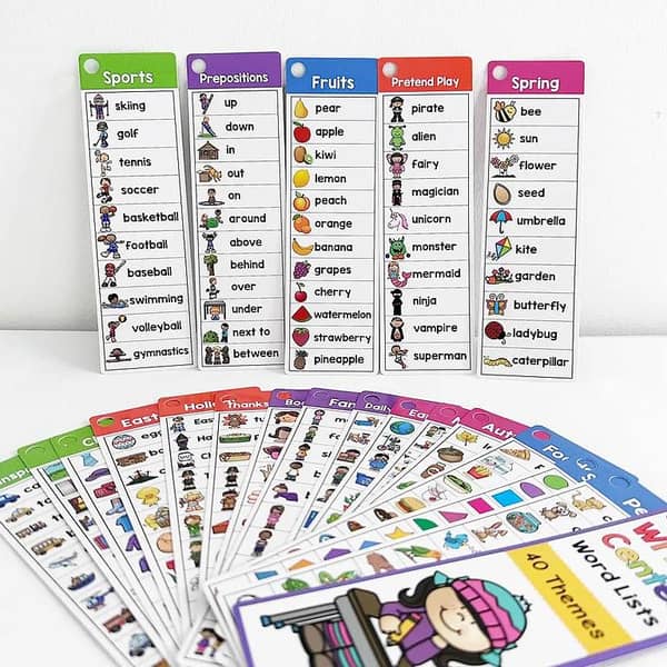Kids Montessori English Word List Cards for ESL: Sight Words and Writing Vocabulary (426 Words, 40 Themes)