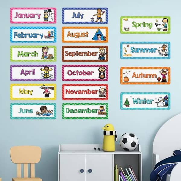 Monthly Headliners for 12 Months and Weather Print Painting - 16pcs Educational Paper Materials for Classroom Decor