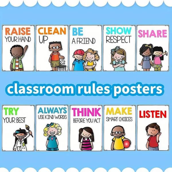 10Pcs A4 Classroom Rules Posters for Early Education – English Language, Habits & Manners