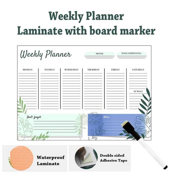 Weekly Planner A4 Size Laminate with Board Marker Wall Planner