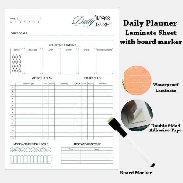 Daily Workout Fitness Planner A4 - Laminated Notebook with Board Marker for Daily Schedule