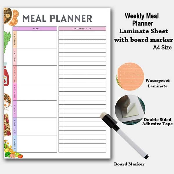 weekly Meal Planner – A4 Laminate with Board Marker for Daily Scheduling