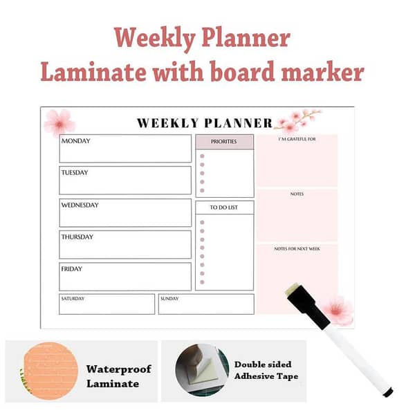 Weekly Planner A4 Size Laminate with Board Marker – Wall Planner
