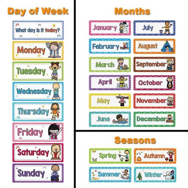Headliners Set: Day of the Week & Seasonal Weeks Learning Cards with Colorful Words, Numbers 1–7, and Classroom Illustrations