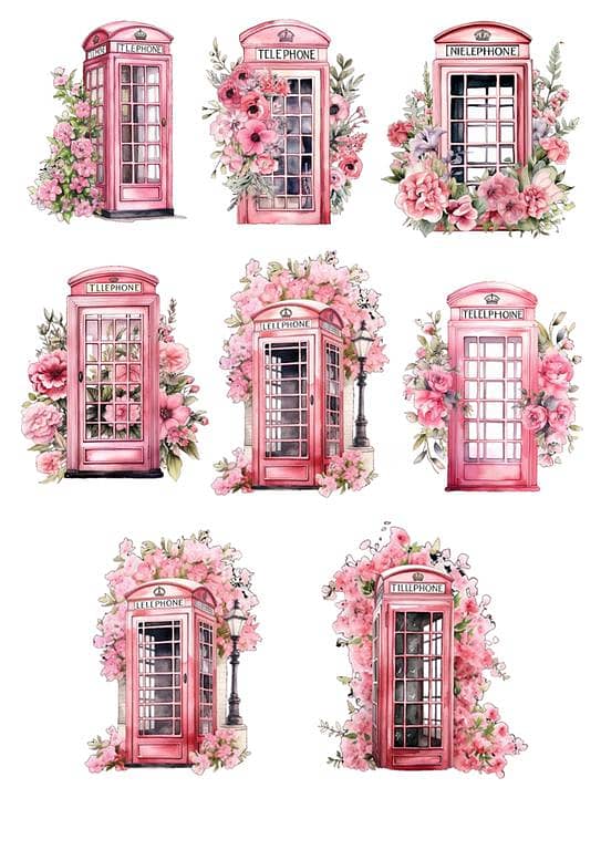 Pink phonebooths laptop stickers 8pcs, mobile, scrapbook, diary