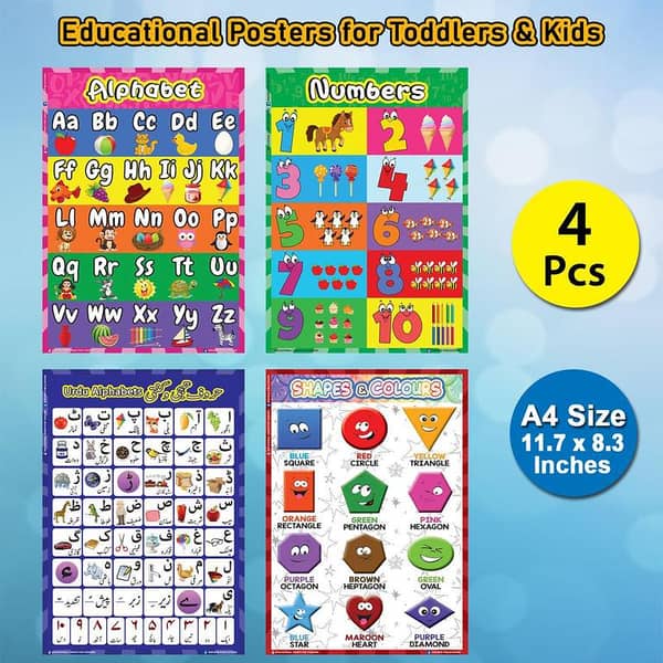 Educational Preschool Posters: Alphabet, Numbers 1-10, Urdu Numbers, Colors and Shapes (A4)