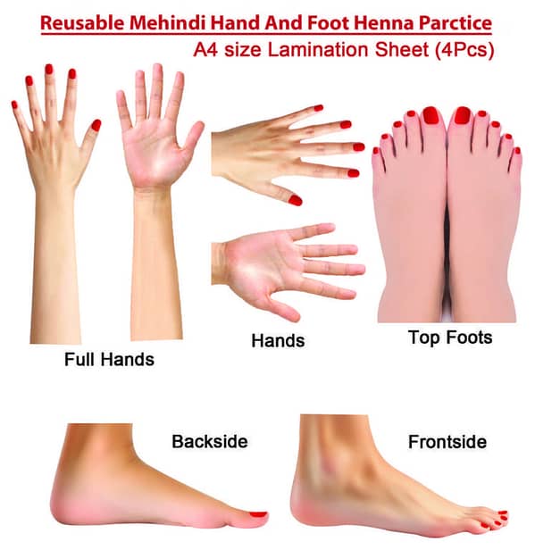 Henna Mehndi Practice: Reusable Laminated A4 Sheets (4-Pack) for Hand and Foot Outlines