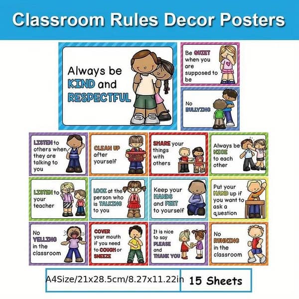 15 Pcs Educational Learning Cards for Children: Classroom Rules Posters, Montessori-Inspired English Learning Cards for Kindergarten and Home