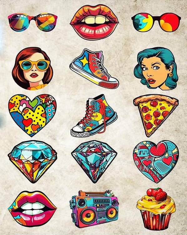 Pop Art Print Stickers 15-Piece Bundle for Laptop, Mobile, and Scrapbooking