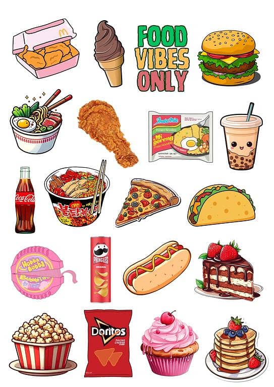 Noodles Stickers Food Stickers Food Vibes Stickers 20 Pieces of Craving Stickers For Decoration Laptops Mobile and Journal Best Quality 2 Inch Adhesives Girls And Boys Vibes For Food Lovers