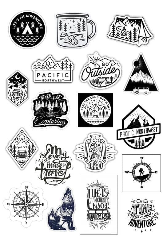 Northwest Adventure Black and White Sticker Pack for Laptop, Phone, Water Bottle, Guitar, and Fridge