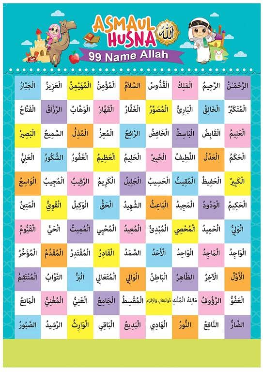 Asmaul Husna: 99 Names of Allah Poster, A4 with Lamination (Back Sticker Included)