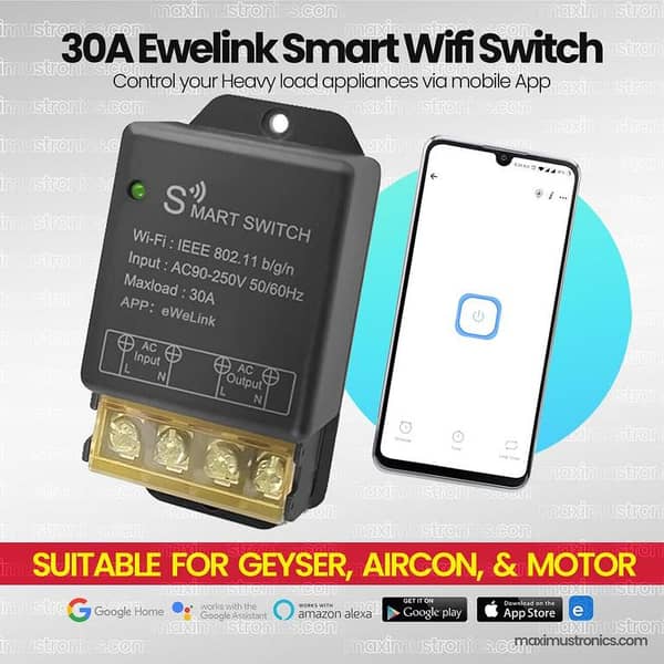 30A 220V 6600w Smart wifi switch for heavyload appliances geyser, electric heater, air conditioner, water pump, motor, mobile app ewelink