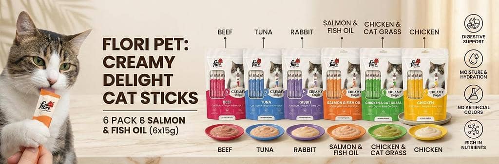 Flori Pet Creamy Delight Cat Treats 90g (6x15g) – Premium Lickable Purée Cat Sticks in 6 Irresistible Flavors (Beef, Tuna, Chicken, Rabbit, Salmon & Fish Oil, Chicken & Cat Grass)
