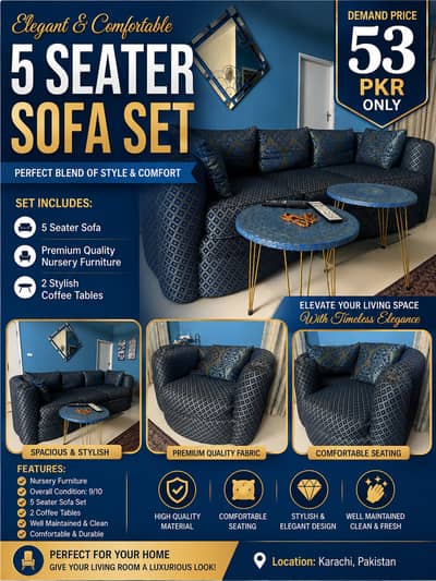 Luxury 5 Seater Sofa Set with 2 Coffee Tables | Premium Fabric |