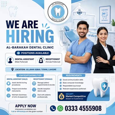 Dental Assistant Male Jobs Lahore/ Receptionist job female/ Clinic job