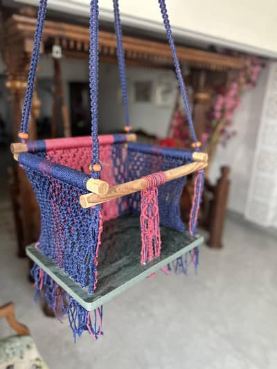 Handmade Macramé Hanging Swing for Children | Wooden Base