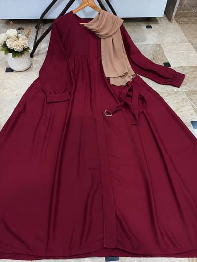 Maroon Georgette Abaya with front zips and pockets
