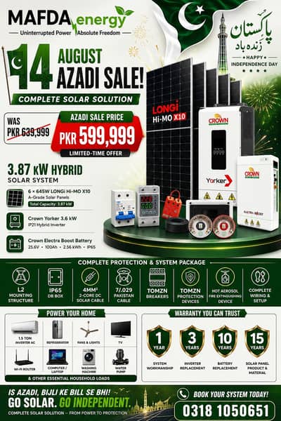Complete Hybrid Solar System with Battery & Inverter.     Azadi Sale.