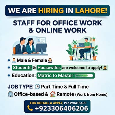 office & Online Work Jobs Available – Male/Female (Lahore)