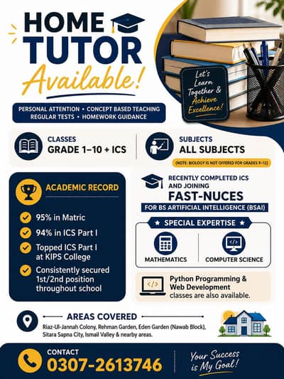 Home Tutor Available | Daewoo road/Ismail Masjid road