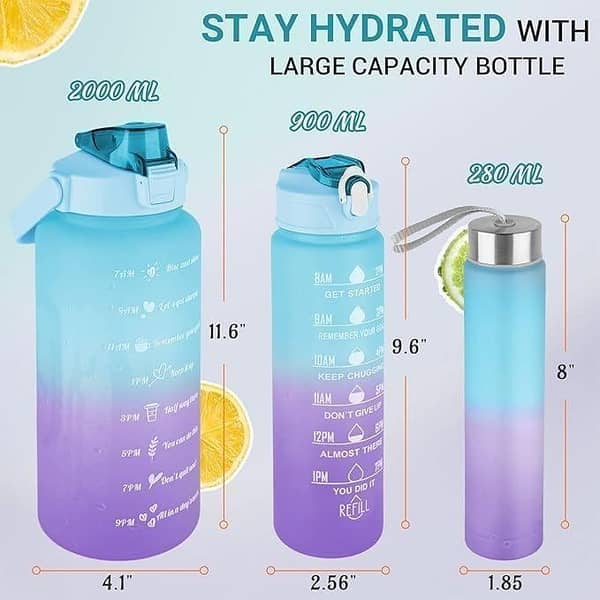 3 Pcs Water Bottle Set |2L 900ml 300ml | Leak-proof with Straw and Handle Water Bottles for Motivation Water Bottles with Time Marker for Outdoor Sports, Fitness, Office Durable 3 in 1 Water Bottles