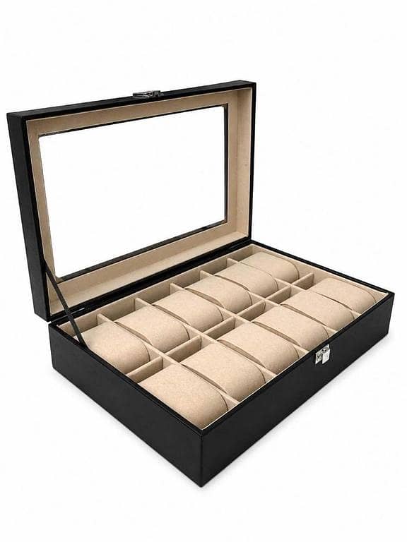 12 Slots Premium Watch Storage Box with Glass Lid | Luxury PU Leather Watch Organizer | Soft Interior | Perfect for Watches Collection & Gift