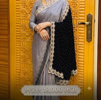 Elegant Grey Saree with Black Velvet Shawl | Party Wear Saree | Fancy
