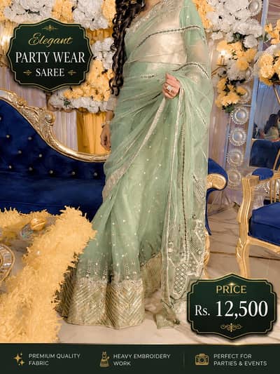 Elegant Mint Green Party Wear Saree | Heavy Embroidery | Wedding Saree