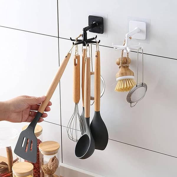 Spoon Rack For Kitchen 360 Degree Rotated Self Adhesive 6 Hook Holder Home Storage Hanger Rack For Spoon Organizer Accessories - 1Pc