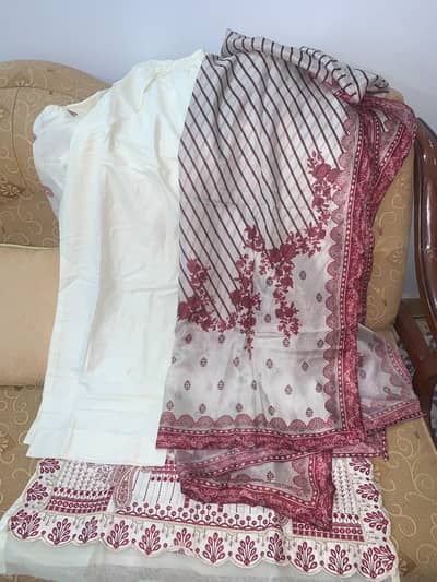 Ivory & Maroon Embroidered 3-Piece Lawn Suit