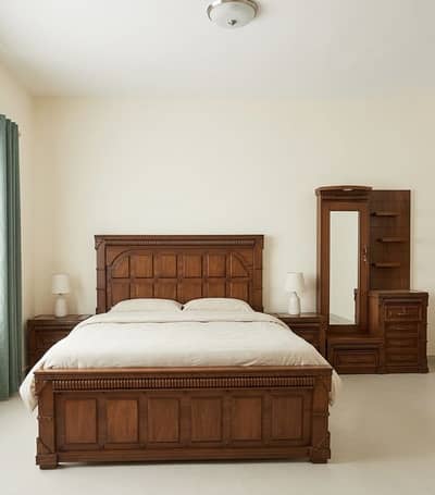 Solid Wooden Double Bed Set with Dressing Table & Mattress