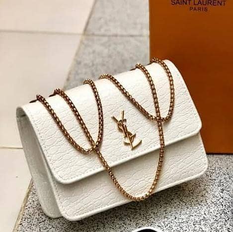 YSL Saint Laurent Women's Luxury Leather Chain Crossbody Bag | Premium Designer Shoulder Bag | White | Gold Chain | Elegant Fashion Purse