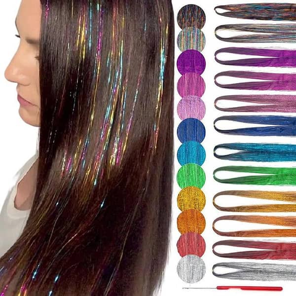 Pack of 6 Silk Hair Extensions with Glitter Tinsel in Multiple Colors