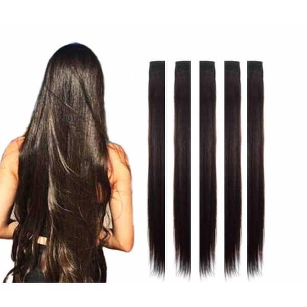 Dark Brown 28-inch Single-Clip Hair Extension Strips (5 Clips) for Girls