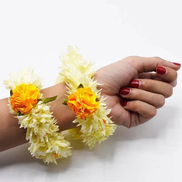 2 hand Yellow Artificail Genda Flower Hand Gajra Bridal & Bridal Friend's For Haldi Ceremony