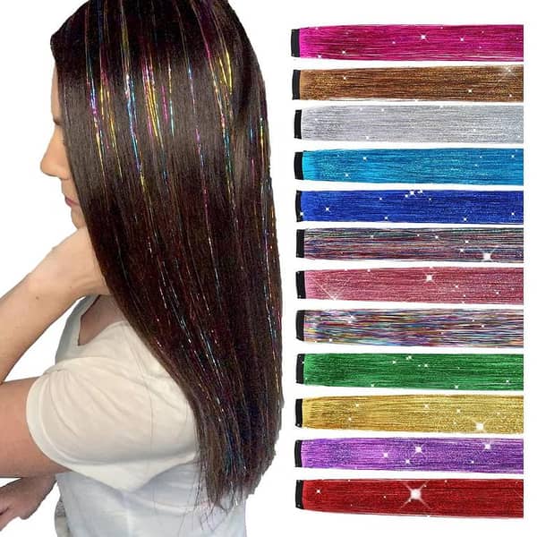 6-Pcs Hair Tinsel Extensions with Clips – Multicolor Glitter for Straight Hair