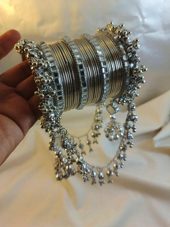 New Steel Metal Bangle Set with Mirror Jhoola Style Kangan