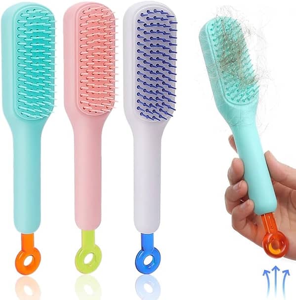 Self Cleaning Hair Brush for Women & Girls with Retractable Bristles (One-Click Self-Clean)