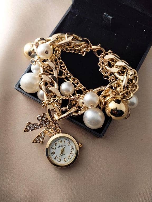Chain Jewellery Golden Pearls Crystal Bracelet Watch for Women with Box