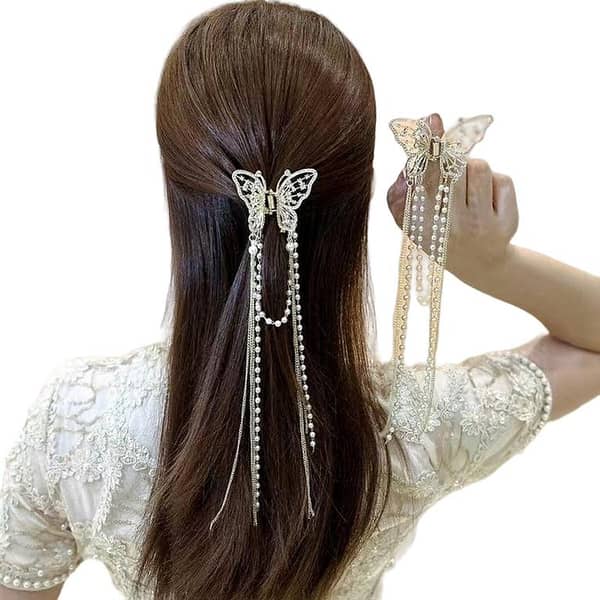Butterfly Fringe Grip Clip with Hollow Pearl Rhinestones – Gold Hair Claw