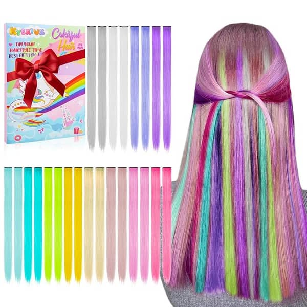 Colored Clip-in Hair Extensions 22 inch Rainbow, Heat-Resistant Straight Highlights for Kids and Girls