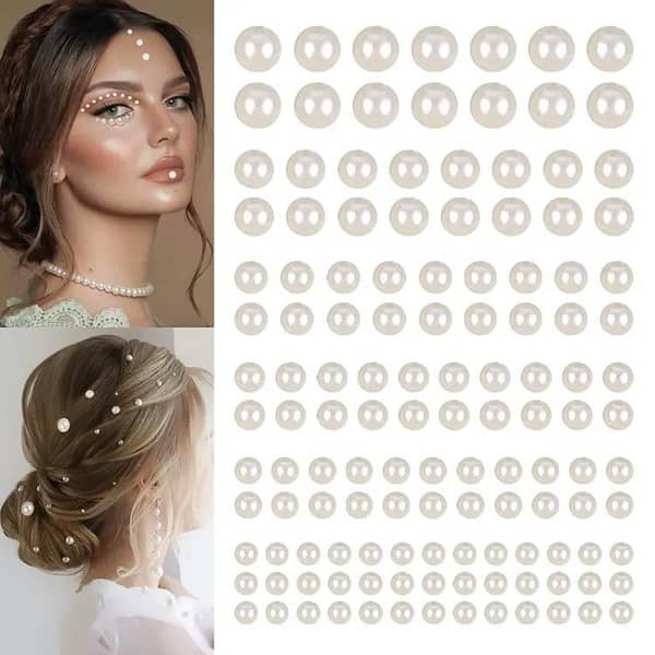 Hair Pearls Stickers for Hair Cologo — Self-Adhesive Pearl Stickers (Resin, Beige; 3–6 mm, Mixed Sizes, Pack 172–220 pcs)