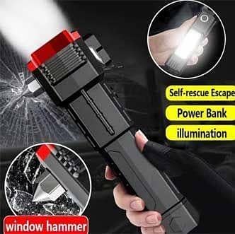 Versatile High-Power LED Flashlight with Built-in Safety Hammer, Side Light, and USB Rechargeable Battery